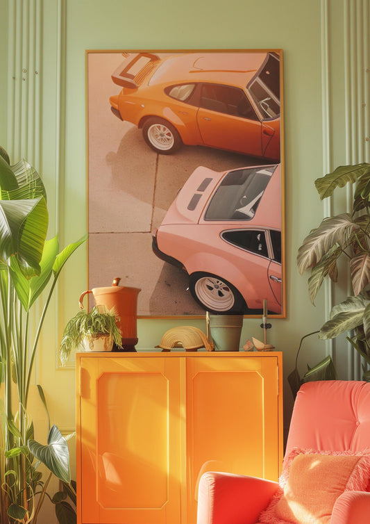 Vintage Sports Car Digital Print – Retro Orange & Pink Classic Car Wall Art – Minimalist Auto Photography – Instant Download