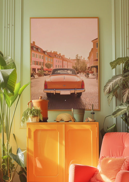 Retro Pink Convertible Car Wall Art - "Dreamer" Print - Vintage Aesthetic Digital Download For Home & Office Decor